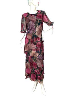 1980s 90s floral chiffon dress with tiered ruffles by Cattiva New York, Size M